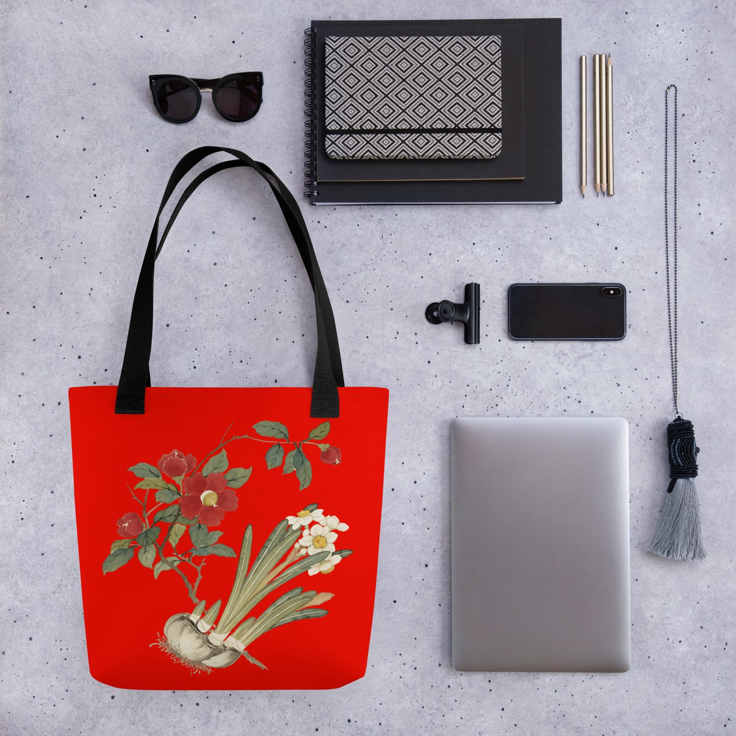 The Spirit of Flowers in Twelve Months｜Narcissus and Camelia in Bloom｜Tote bag｜Garnet red