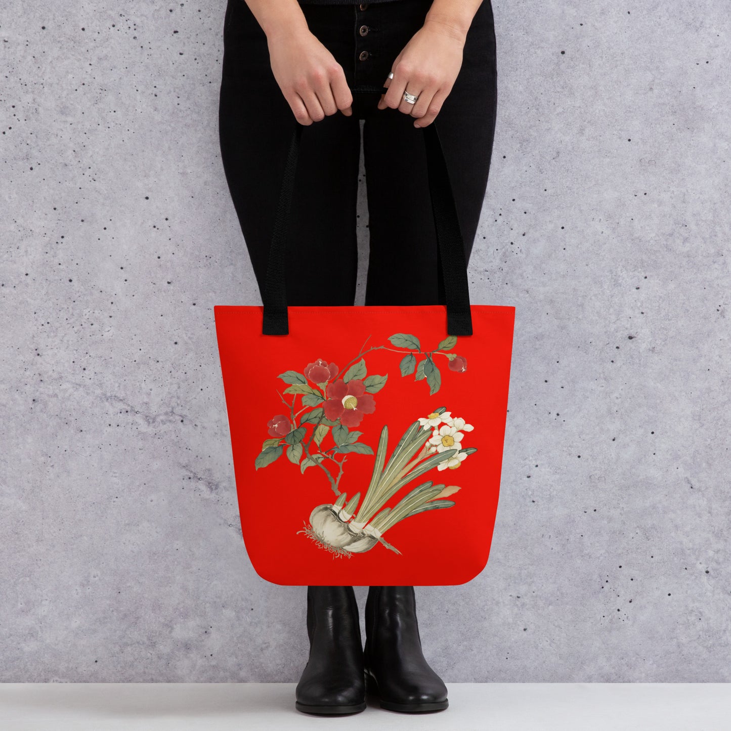 The Spirit of Flowers in Twelve Months｜Narcissus and Camelia in Bloom｜Tote bag｜Garnet red