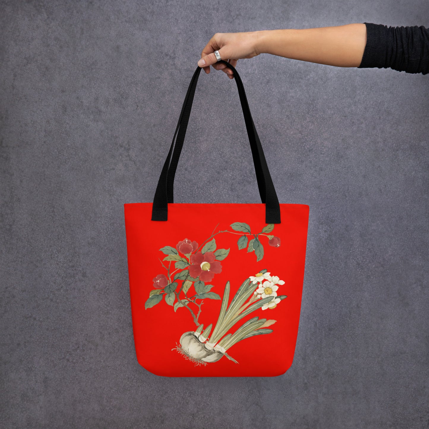 The Spirit of Flowers in Twelve Months｜Narcissus and Camelia in Bloom｜Tote bag｜Garnet red