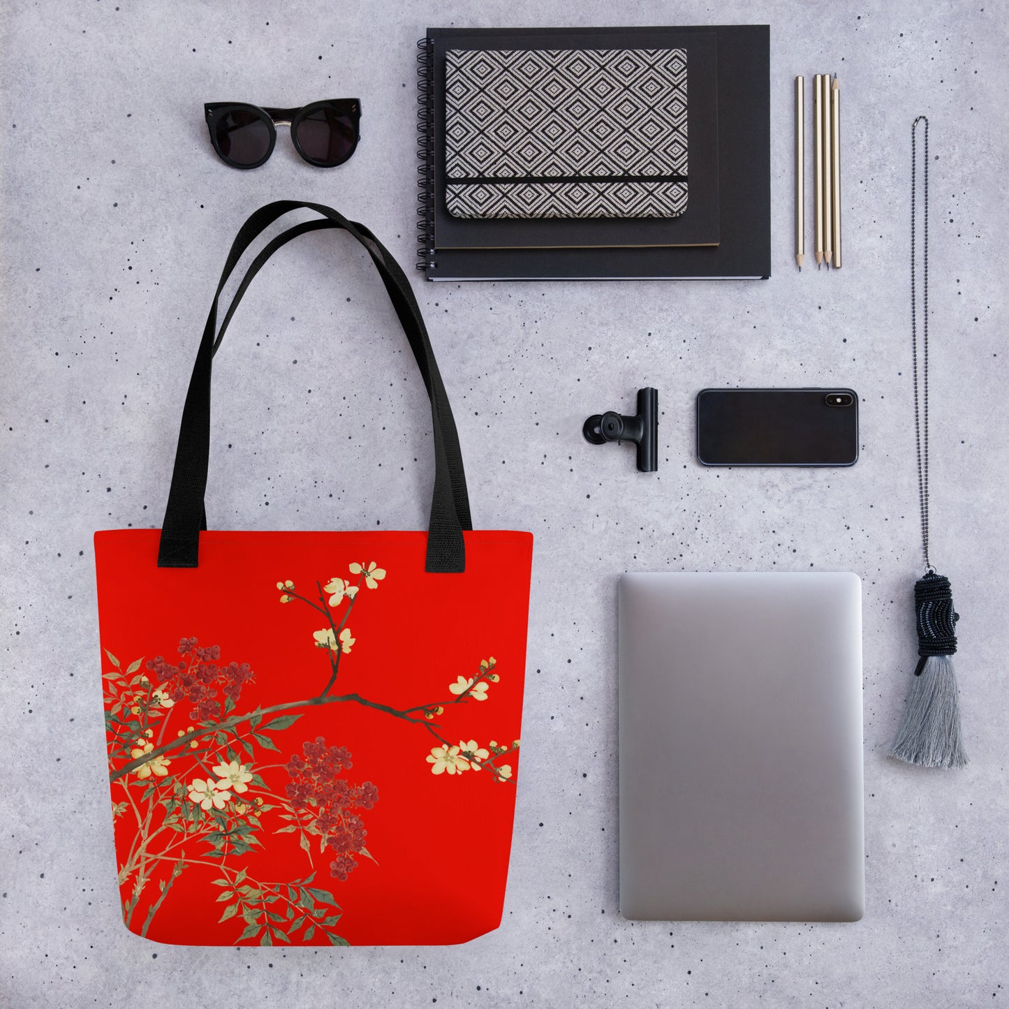 The Spirit of Flowers in Twelve Months｜Blooming Wintersweet and Heavenly Bamboo｜Tote bag｜Garnet red