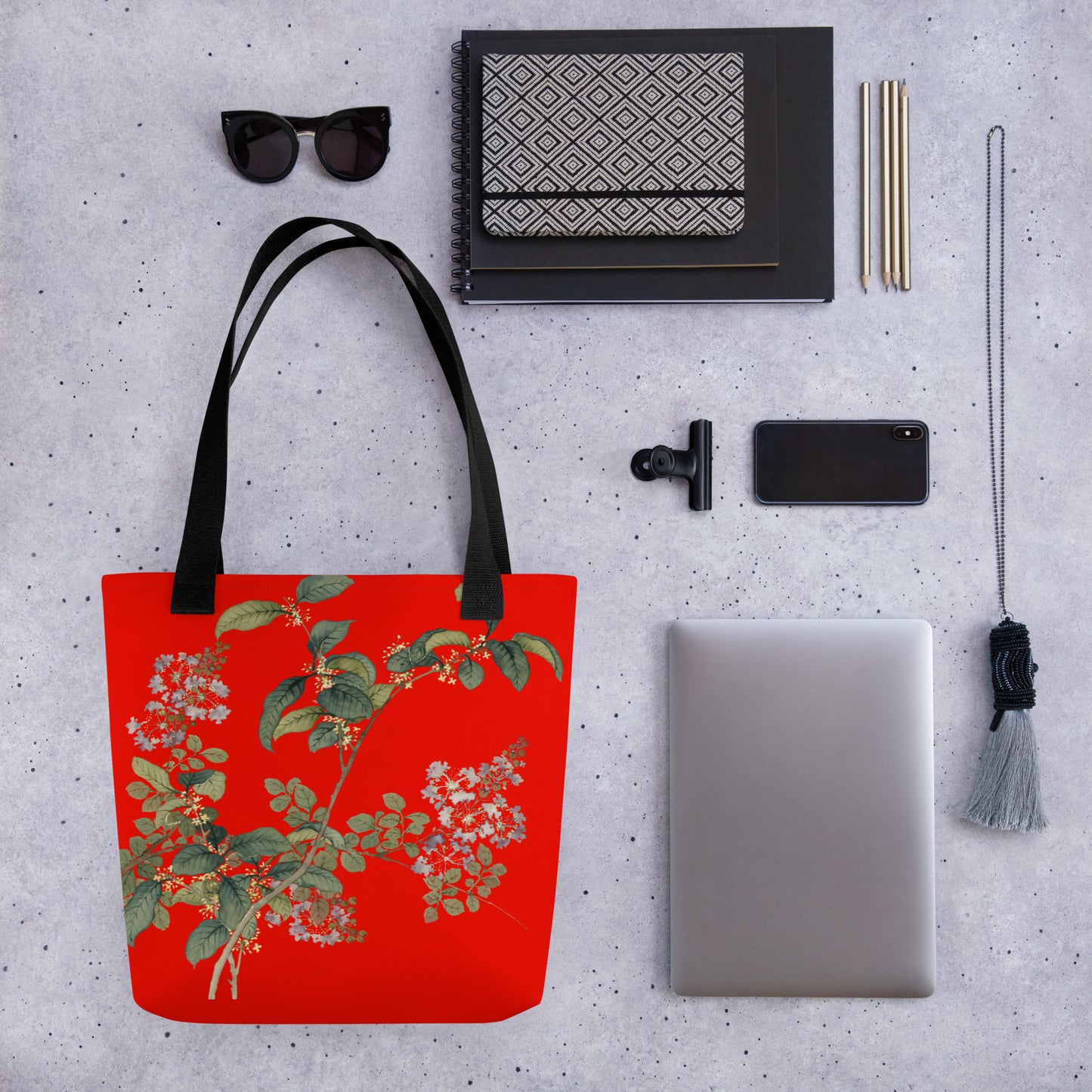 The Spirit of Flowers in Twelve Months｜Osmanthus and Crape Myrtle in Bloom｜Tote bag｜Garnet red