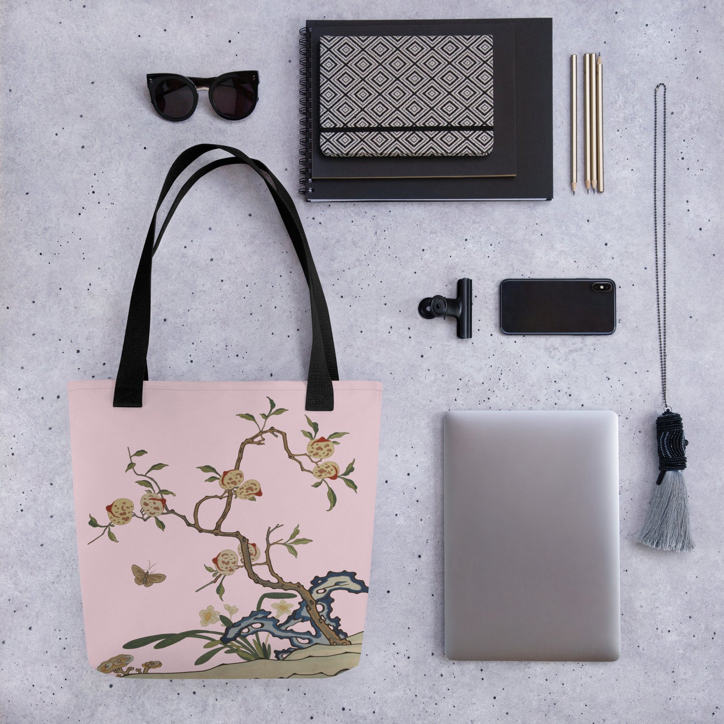 Kesi Flower Album｜Narcissus and Peaches｜Tote bag｜Pale pinkish gray