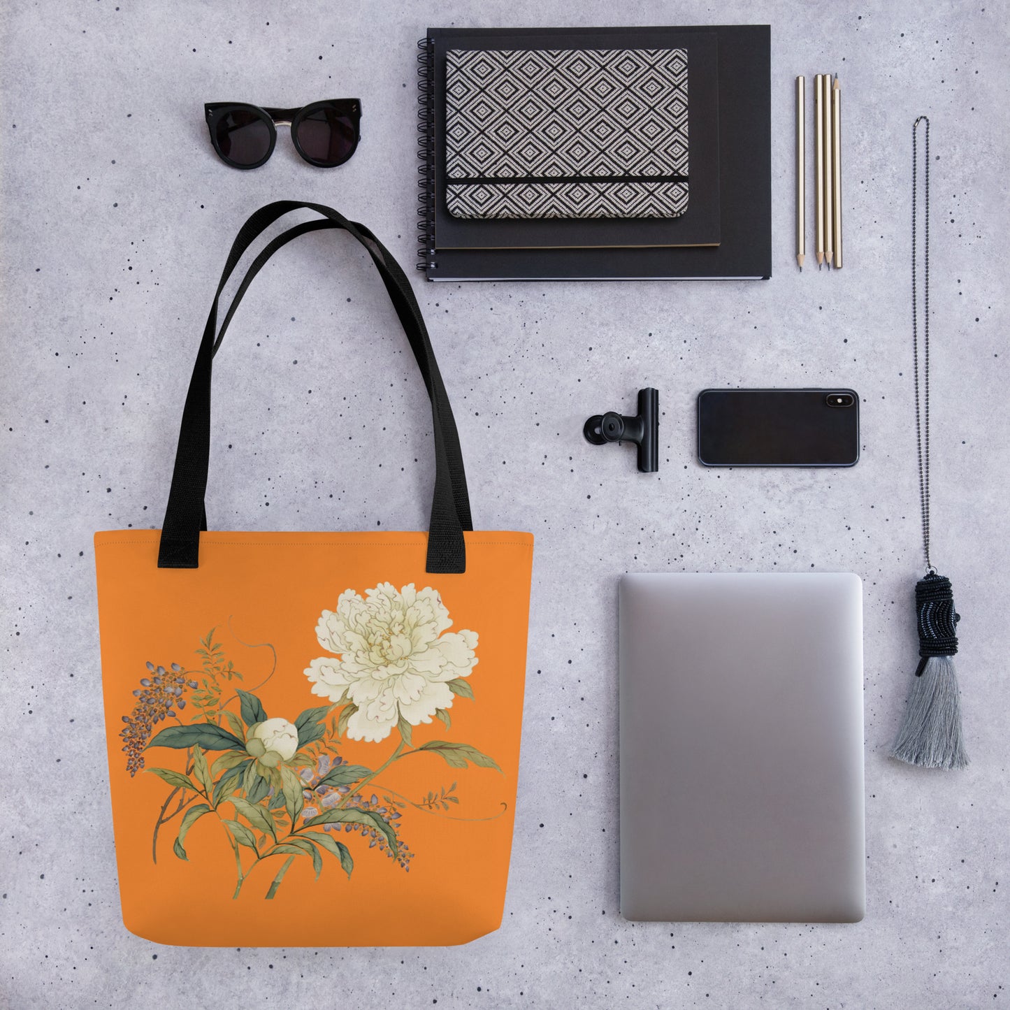 The Spirit of Flowers in Twelve Months｜Chinese Peony and Wisteria in Bloom｜Tote bag｜Orange