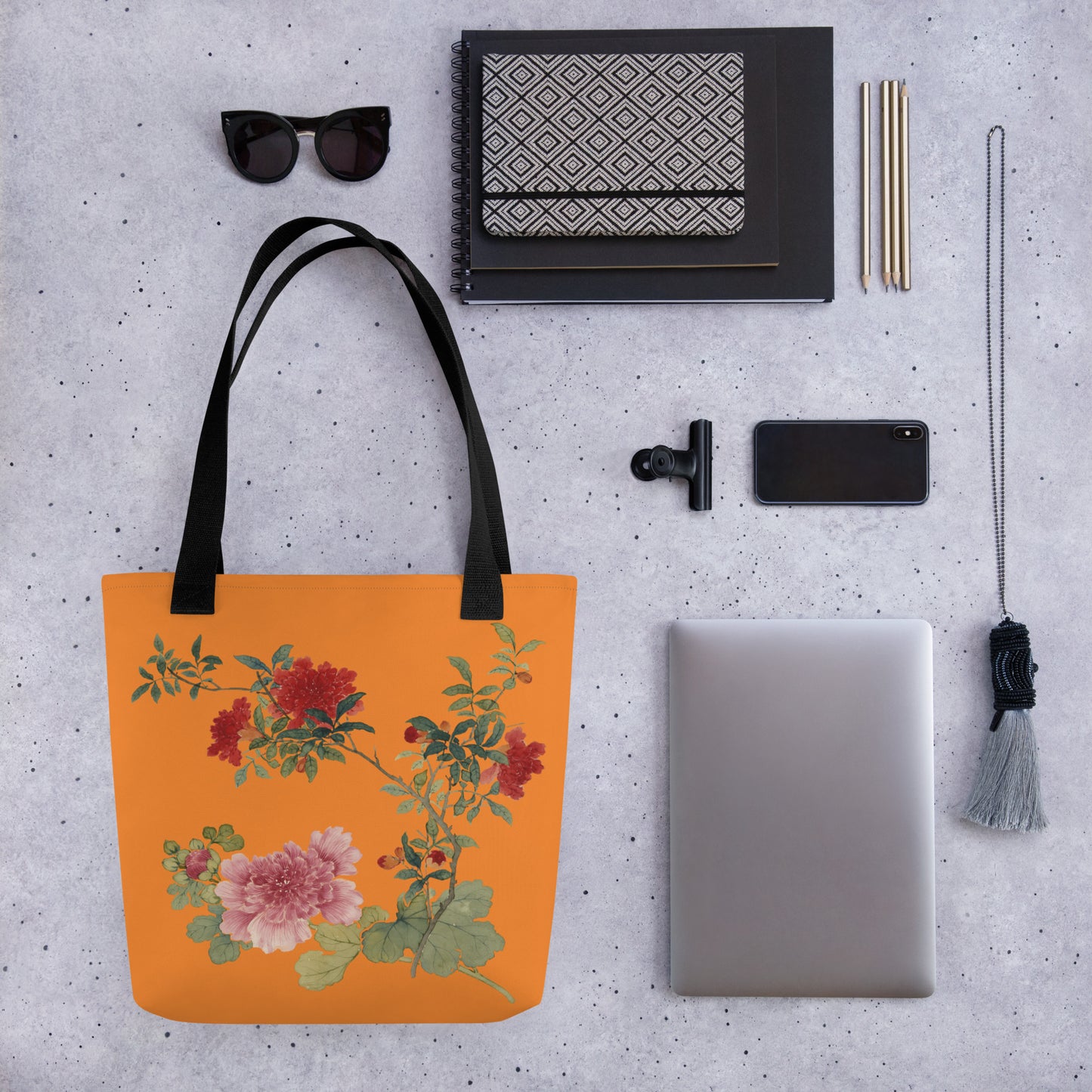 The Spirit of Flowers in Twelve Months｜Hollyhock and Pomegranate in Bloom｜Tote bag｜Orange