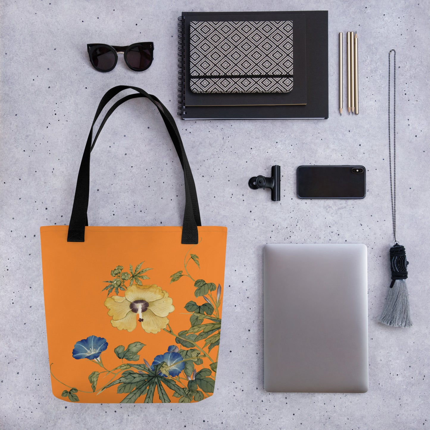 The Spirit of Flowers in Twelve Months｜Okra and White-edged Morning Glory in Bloom｜Tote bag｜Orange