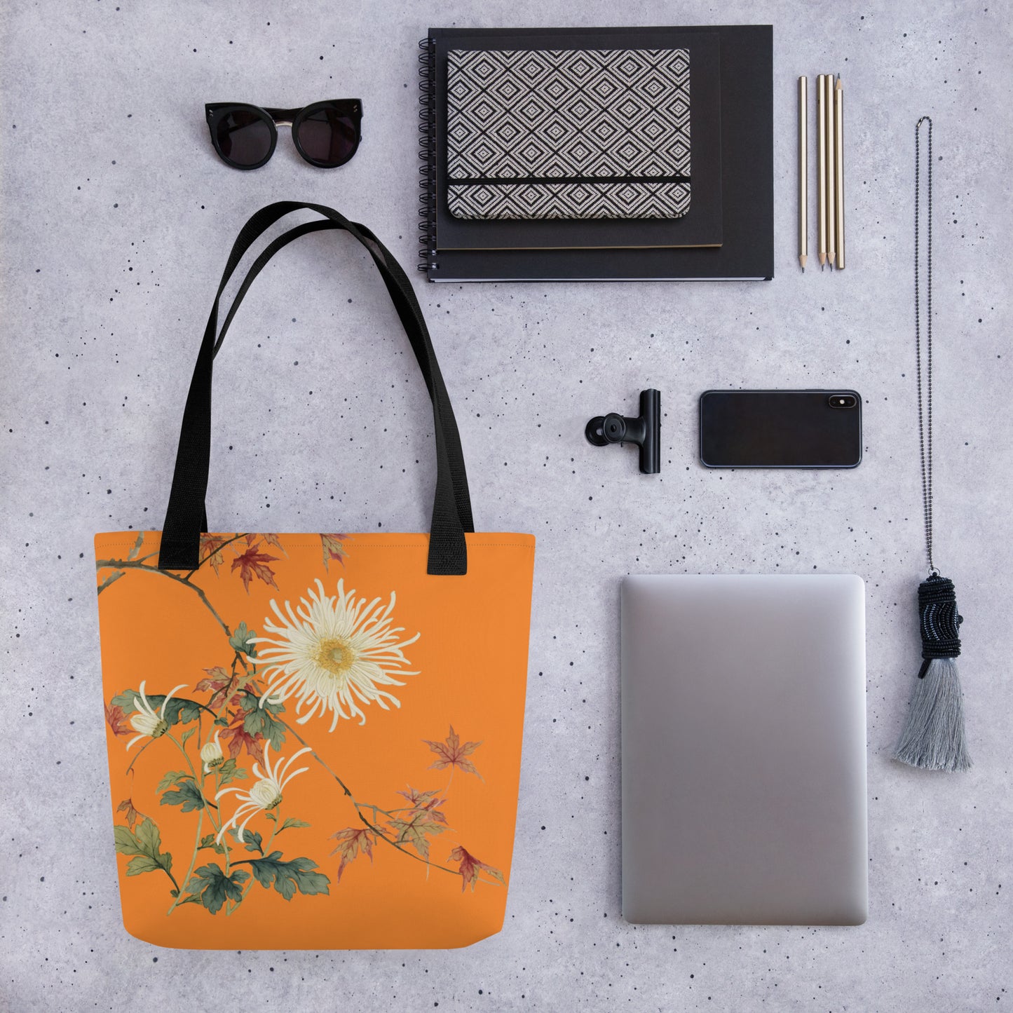 The Spirit of Flowers in Twelve Months｜Blooming Chrysanthemum and Maple Leaves｜Tote bag｜Orange