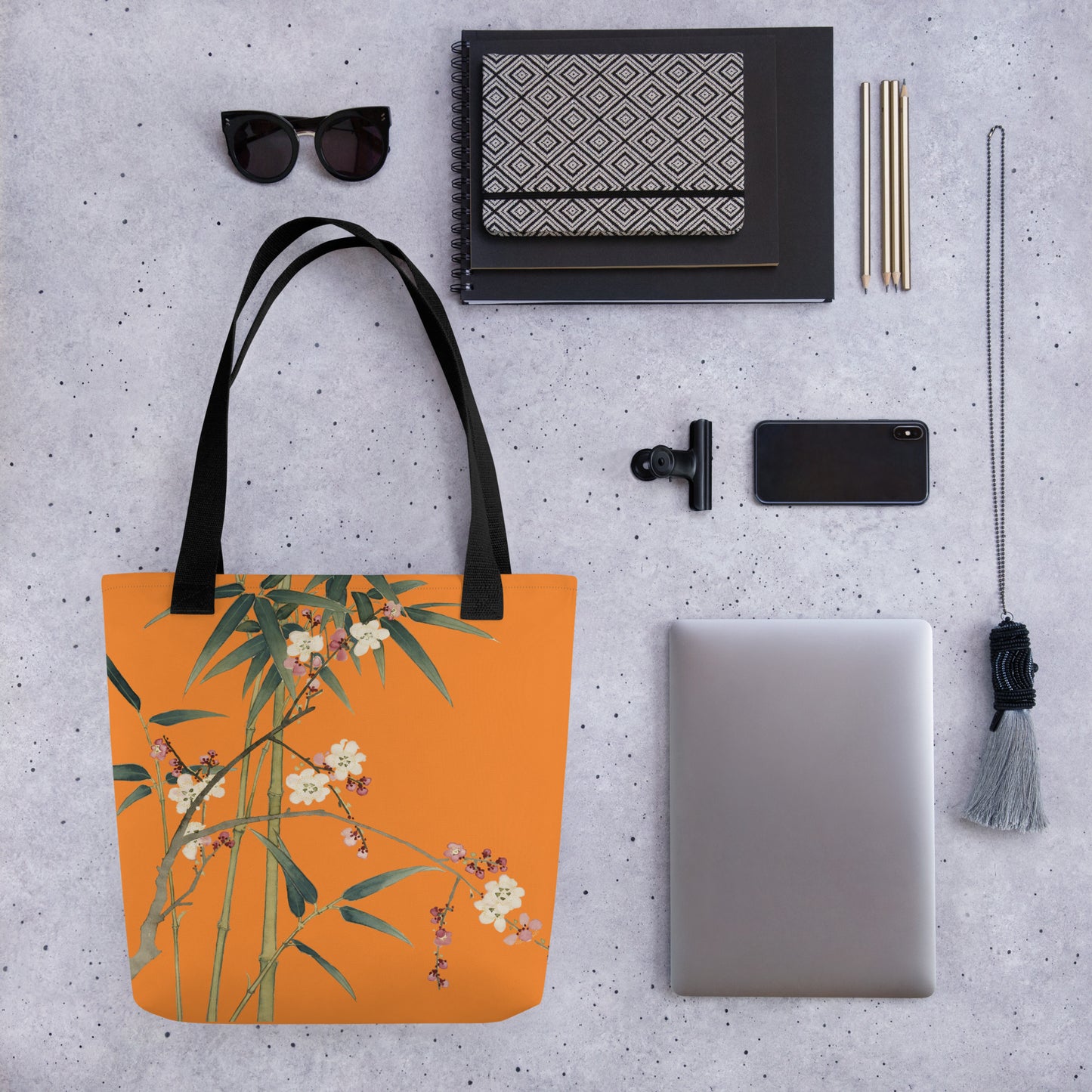 The Spirit of Flowers in Twelve Months｜Crimson Plum Blossom and Lush Green Bamboo｜Tote bag｜Orange