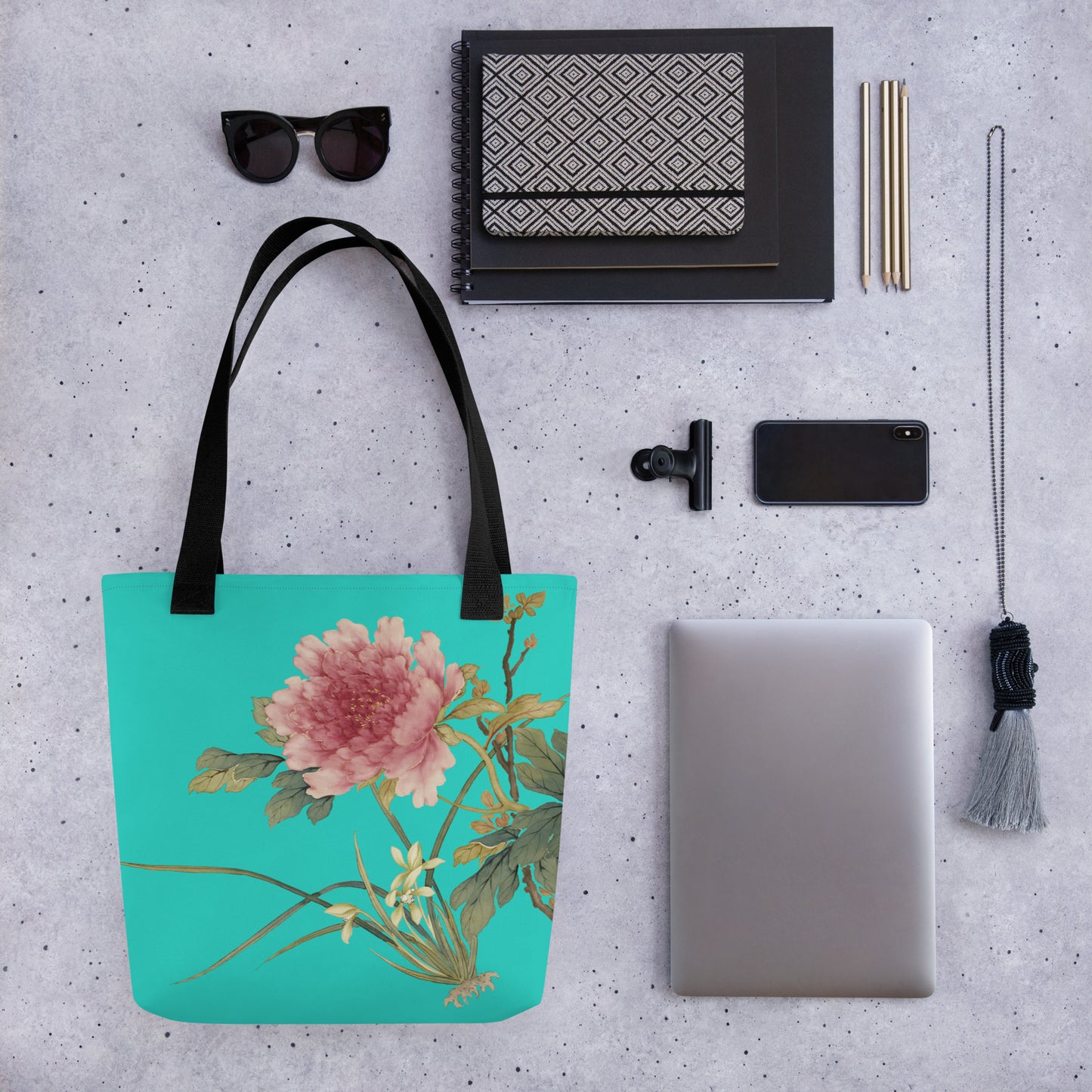 The Spirit of Flowers in Twelve Months｜Orchid and Tree Peony in Bloom｜Tote bag｜Turquoise