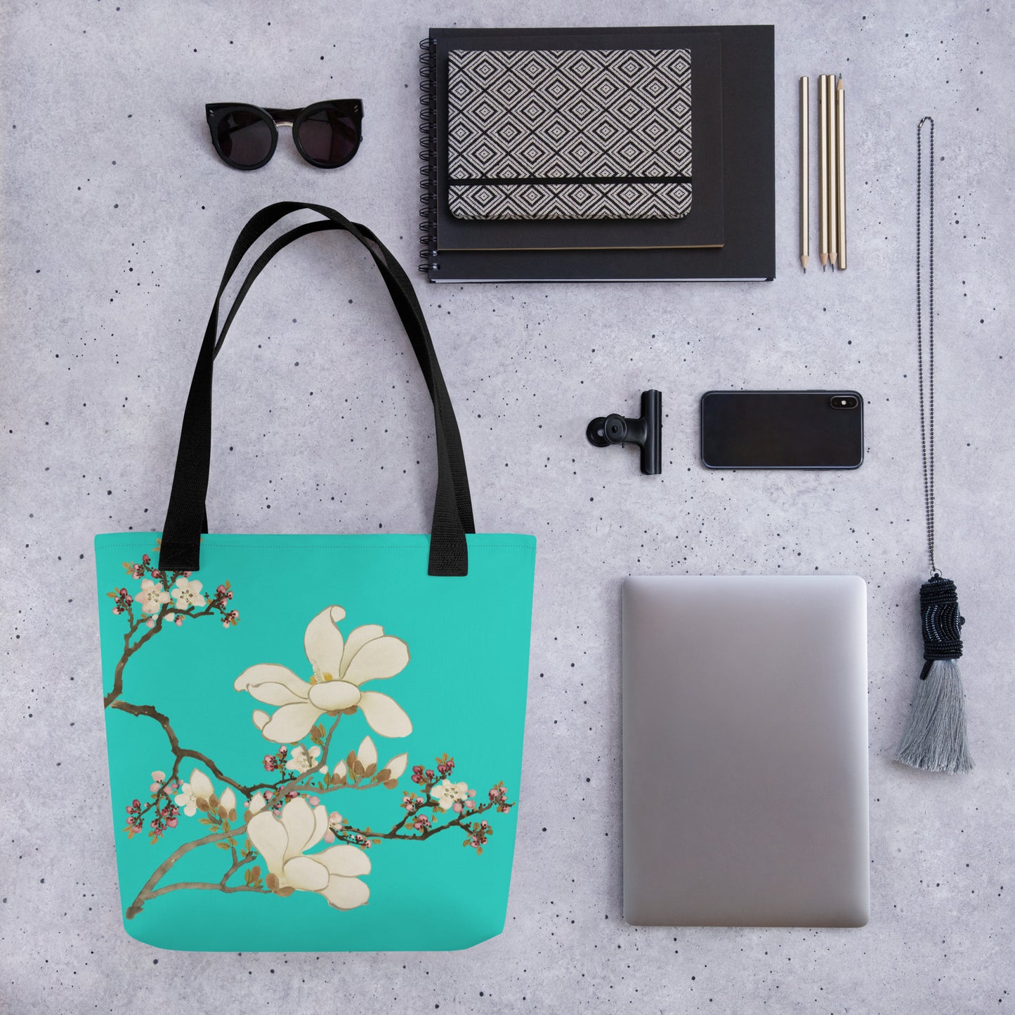 The Spirit of Flowers in Twelve Months｜Apricot and Lily Magnolia in Blossom｜Tote bag｜Turquoise