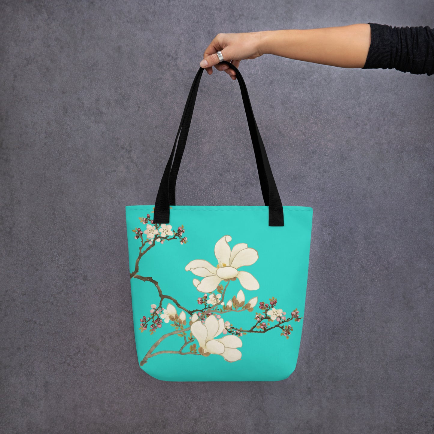 The Spirit of Flowers in Twelve Months｜Apricot and Lily Magnolia in Blossom｜Tote bag｜Turquoise