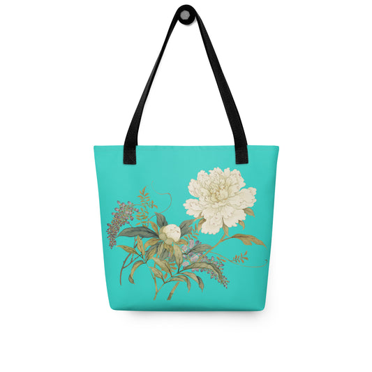 The Spirit of Flowers in Twelve Months｜Chinese Peony and Wisteria in Bloom｜Tote bag｜Turquoise