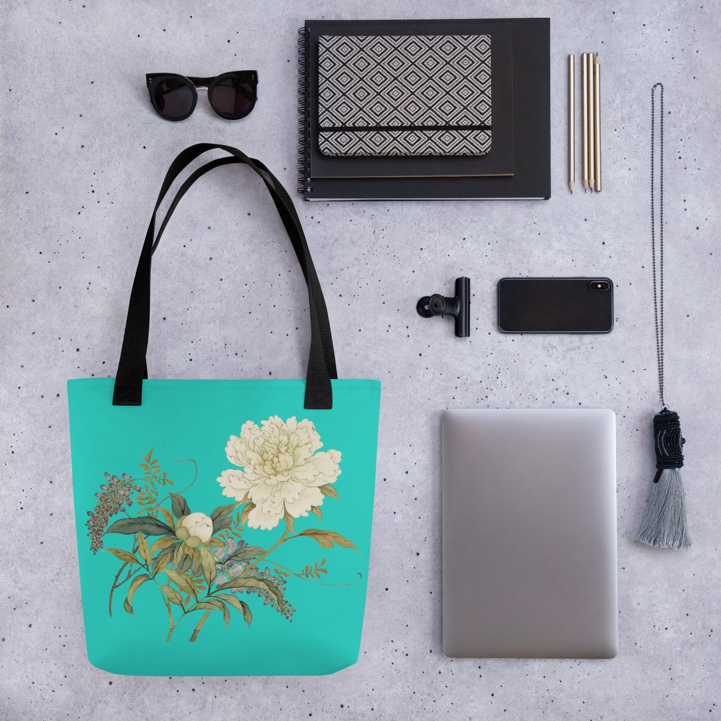 The Spirit of Flowers in Twelve Months｜Chinese Peony and Wisteria in Bloom｜Tote bag｜Turquoise