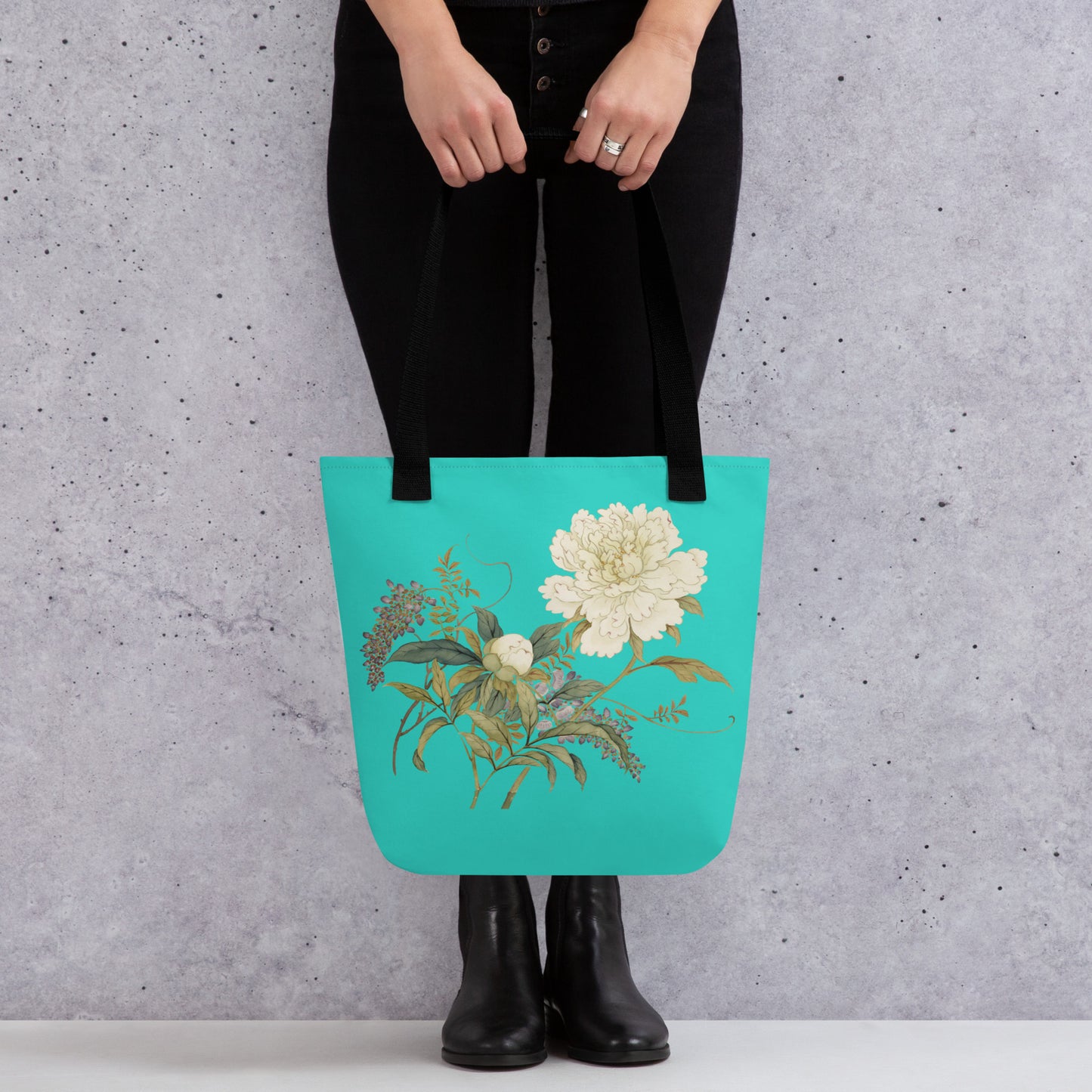 The Spirit of Flowers in Twelve Months｜Chinese Peony and Wisteria in Bloom｜Tote bag｜Turquoise