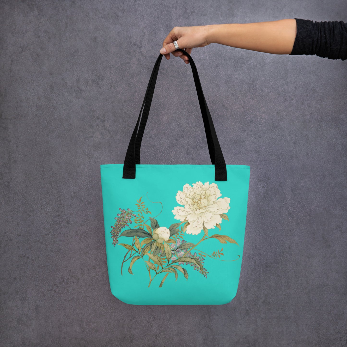 The Spirit of Flowers in Twelve Months｜Chinese Peony and Wisteria in Bloom｜Tote bag｜Turquoise