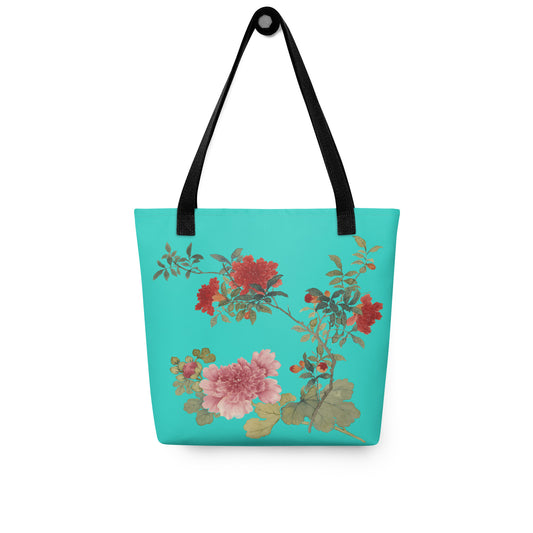 The Spirit of Flowers in Twelve Months｜Hollyhock and Pomegranate in Bloom｜Tote bag｜Turquoise