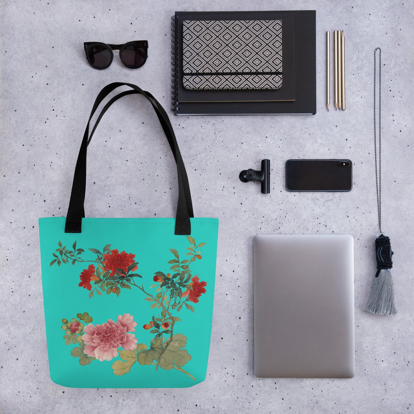 The Spirit of Flowers in Twelve Months｜Hollyhock and Pomegranate in Bloom｜Tote bag｜Turquoise