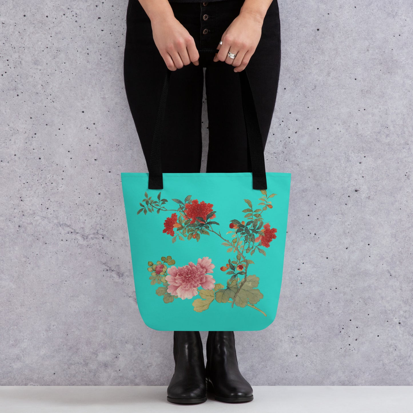 The Spirit of Flowers in Twelve Months｜Hollyhock and Pomegranate in Bloom｜Tote bag｜Turquoise