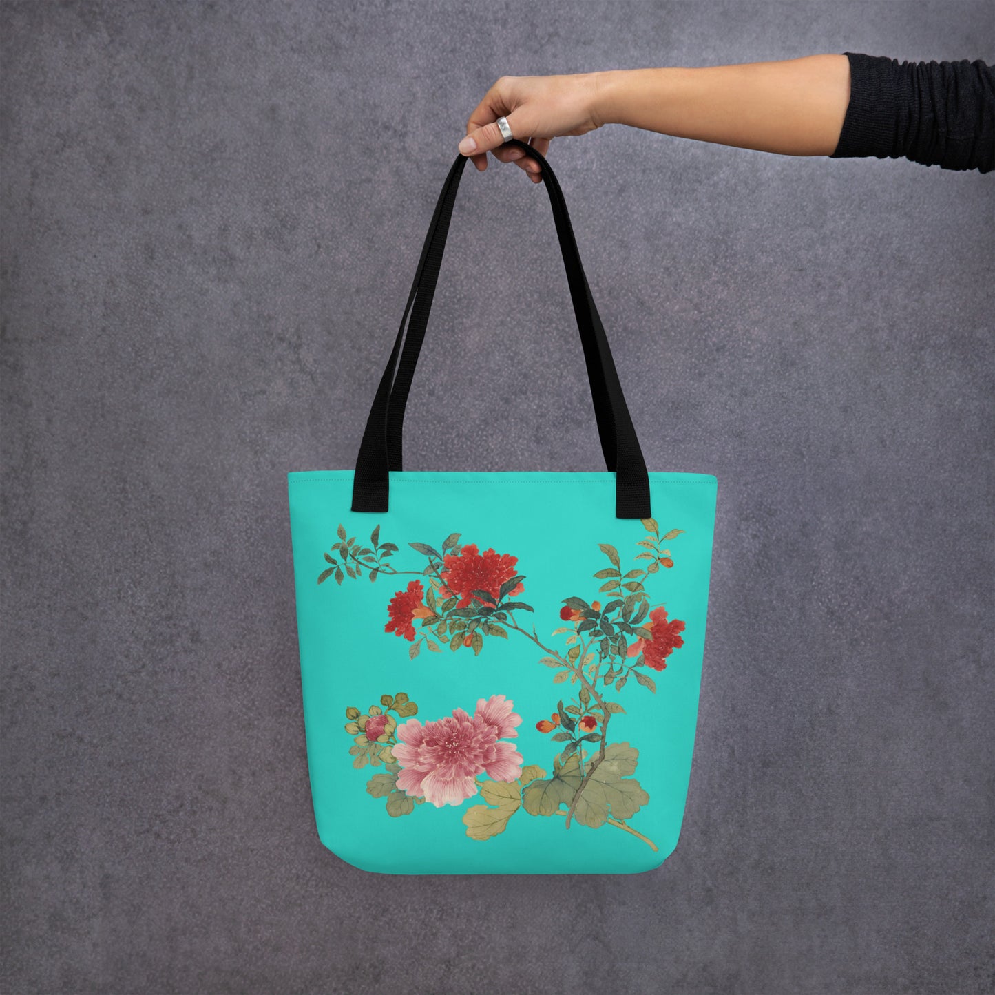 The Spirit of Flowers in Twelve Months｜Hollyhock and Pomegranate in Bloom｜Tote bag｜Turquoise