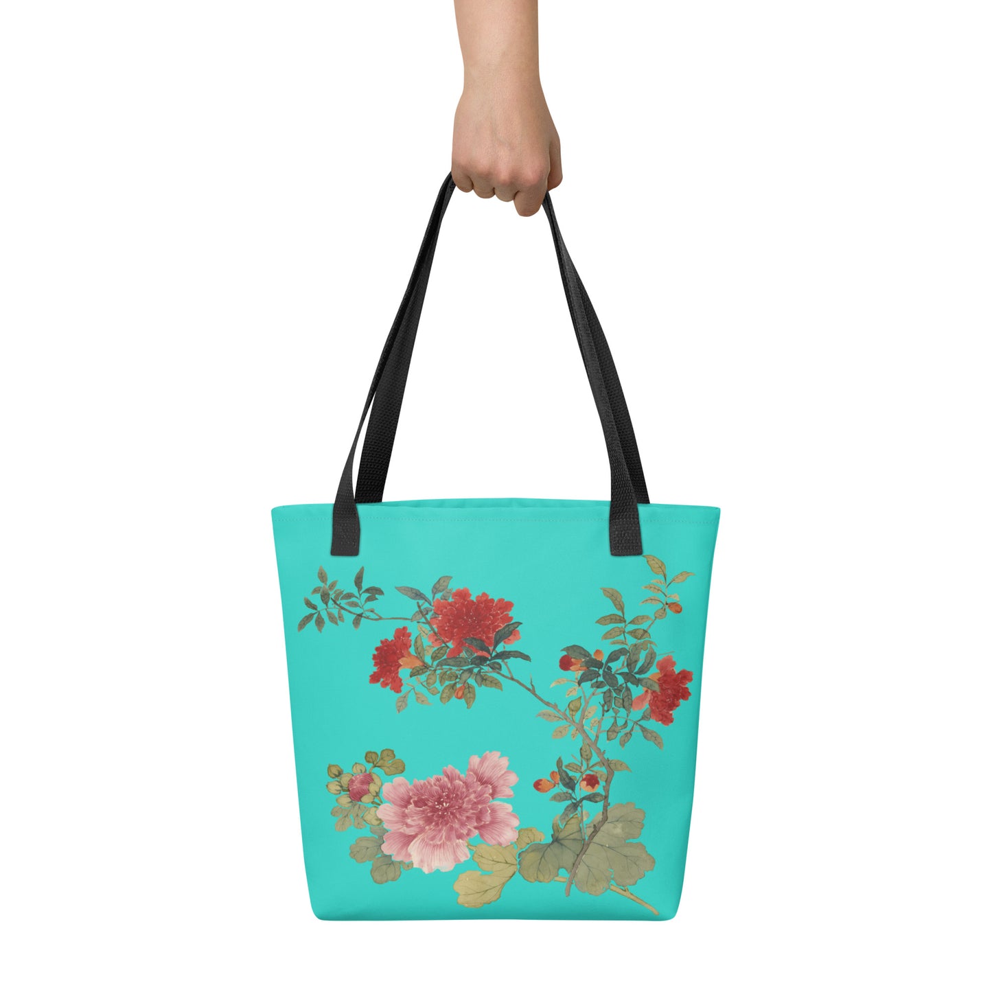 The Spirit of Flowers in Twelve Months｜Hollyhock and Pomegranate in Bloom｜Tote bag｜Turquoise