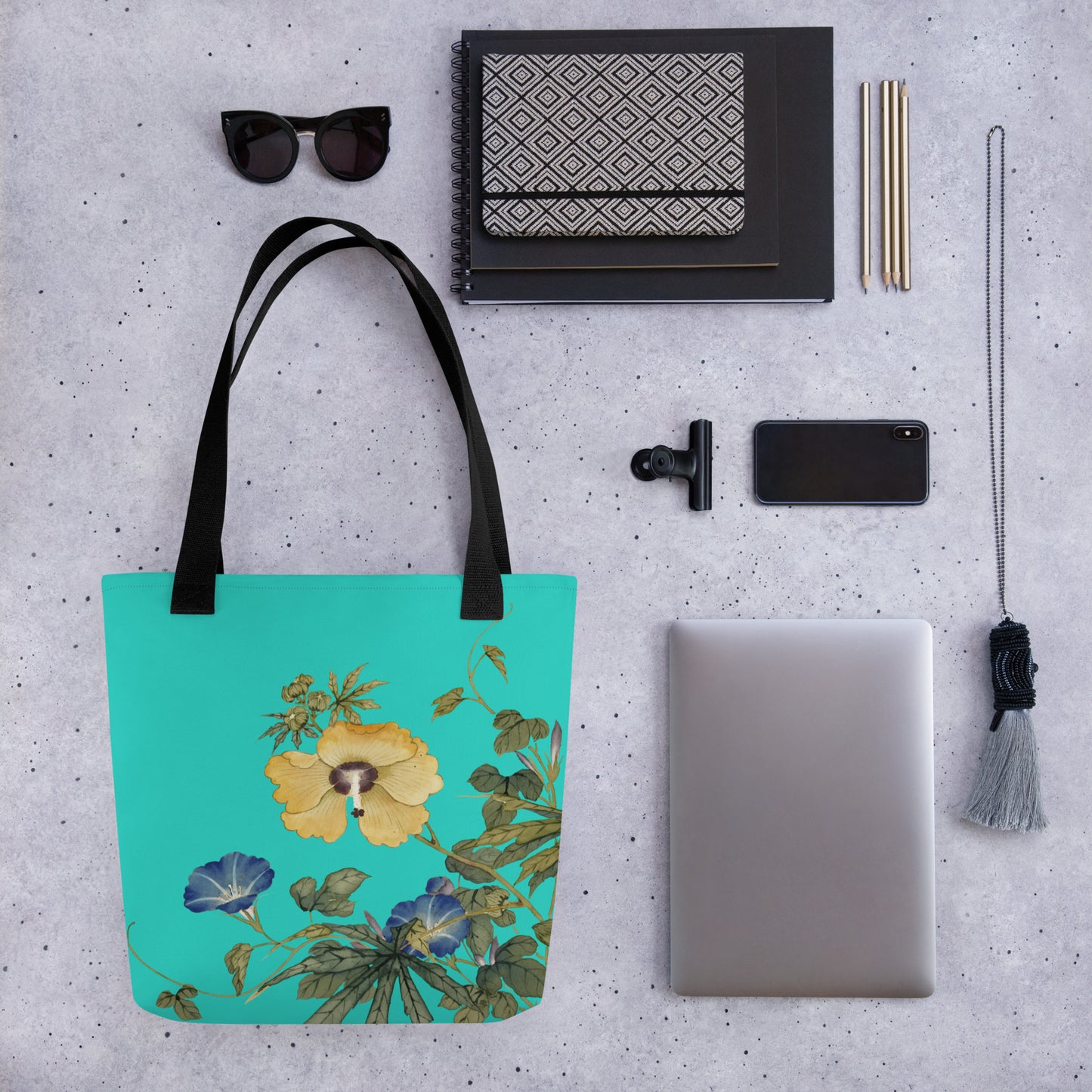 The Spirit of Flowers in Twelve Months｜Okra and White-edged Morning Glory in Bloom｜Tote bag｜Turquoise