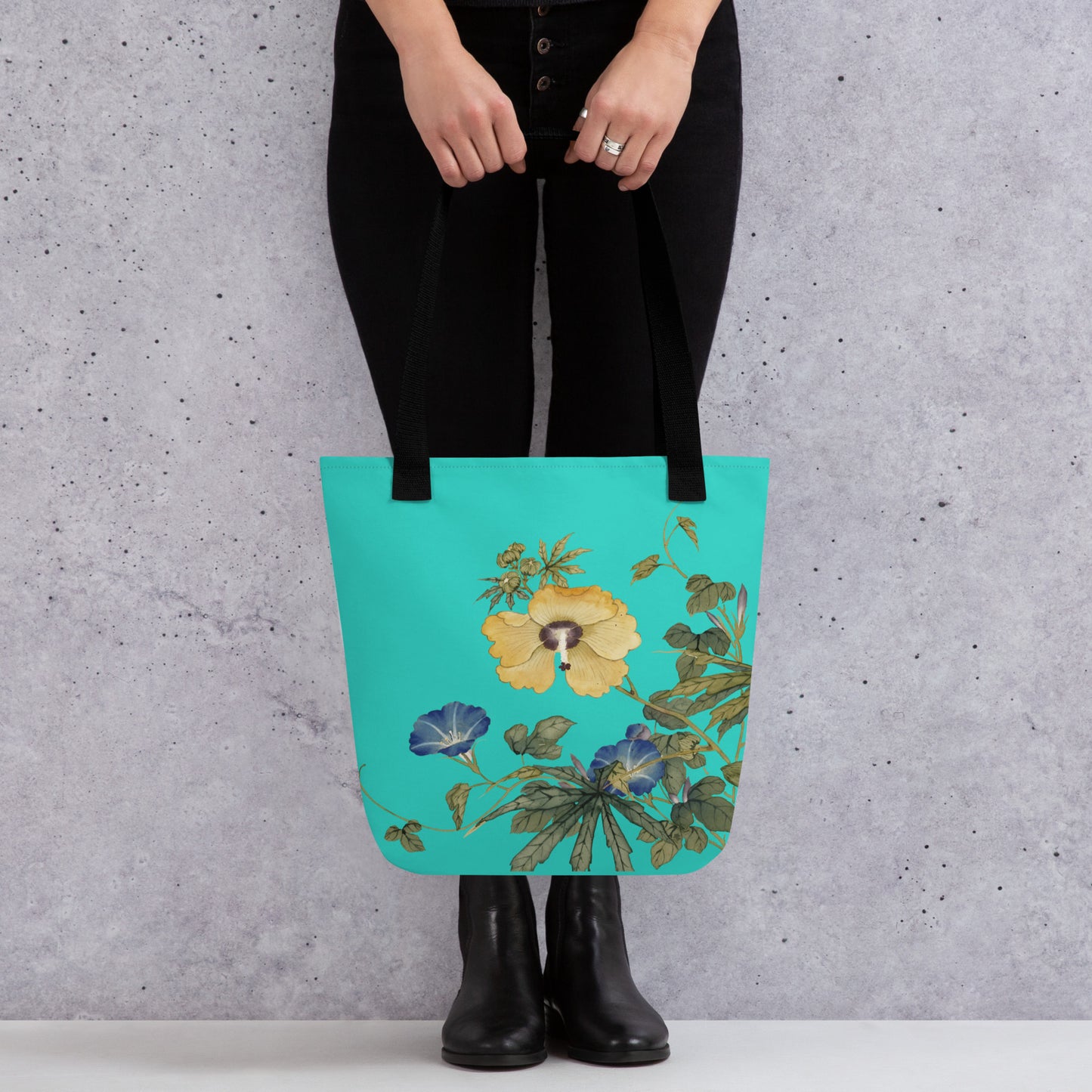 The Spirit of Flowers in Twelve Months｜Okra and White-edged Morning Glory in Bloom｜Tote bag｜Turquoise