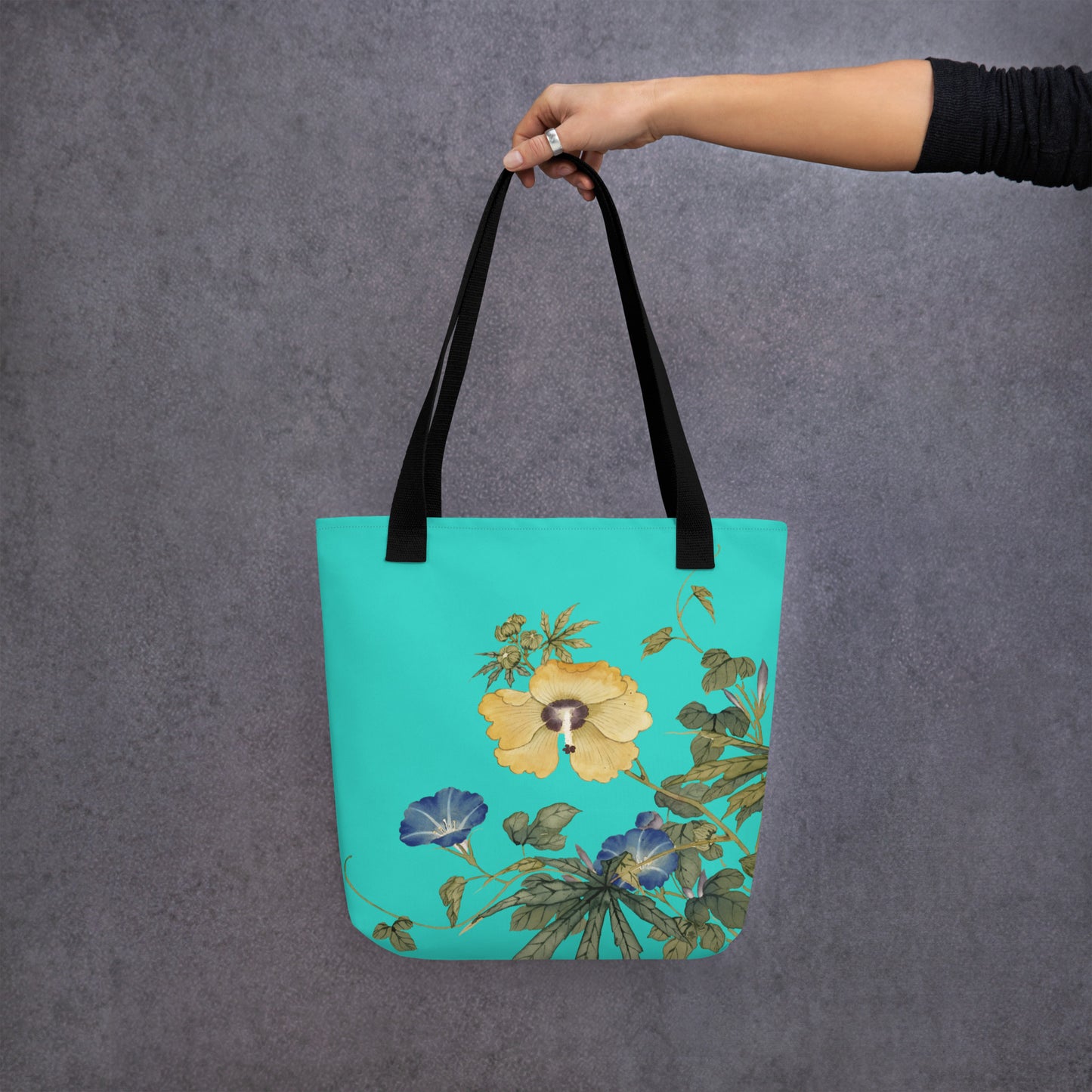 The Spirit of Flowers in Twelve Months｜Okra and White-edged Morning Glory in Bloom｜Tote bag｜Turquoise