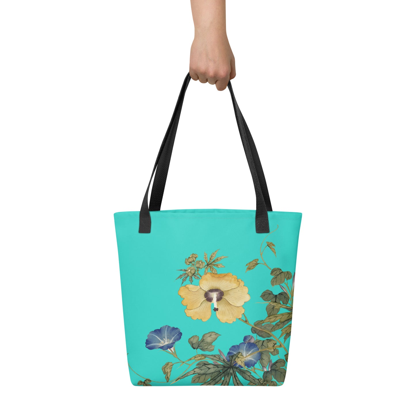 The Spirit of Flowers in Twelve Months｜Okra and White-edged Morning Glory in Bloom｜Tote bag｜Turquoise