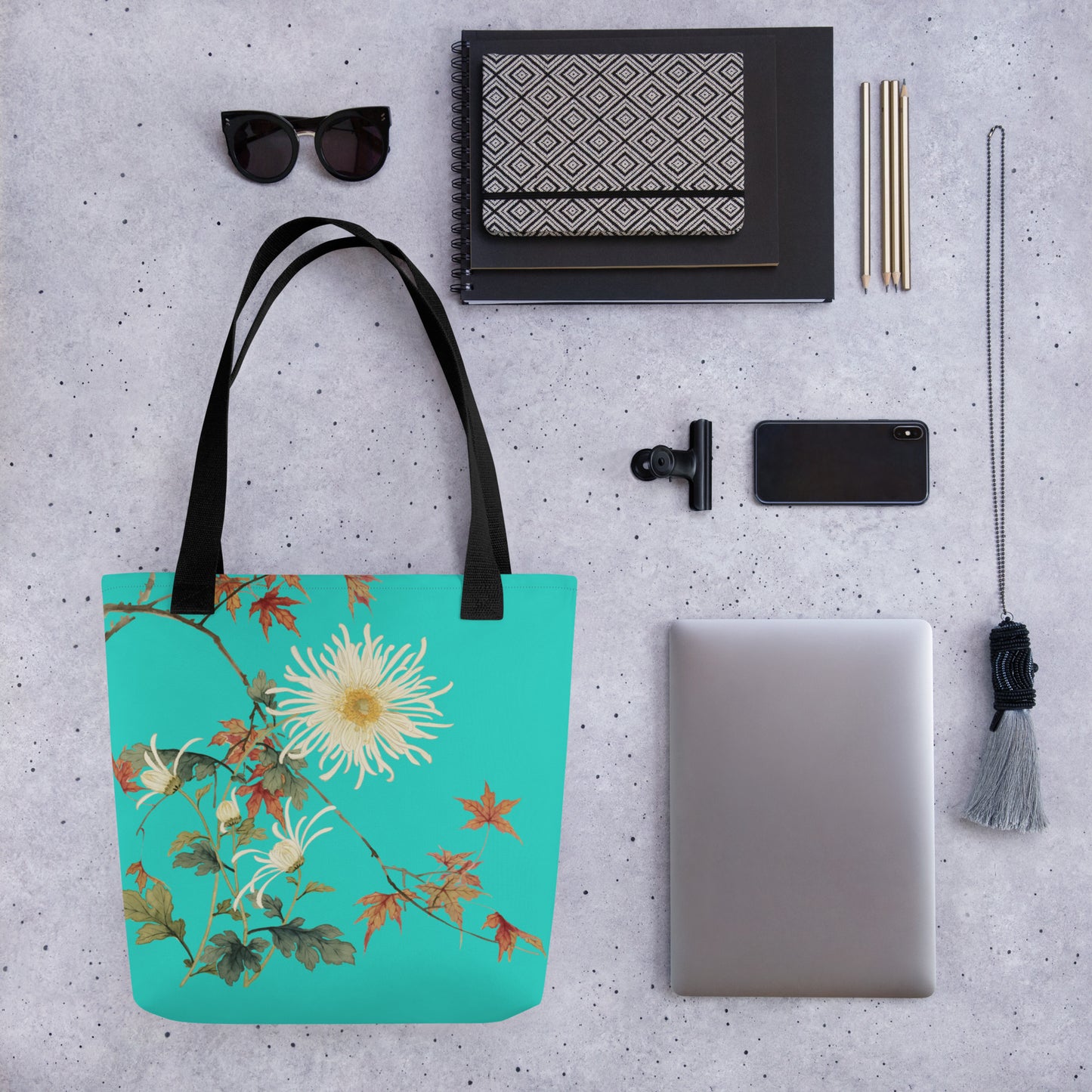 The Spirit of Flowers in Twelve Months｜Blooming Chrysanthemum and Maple Leaves｜Tote bag｜Turquoise