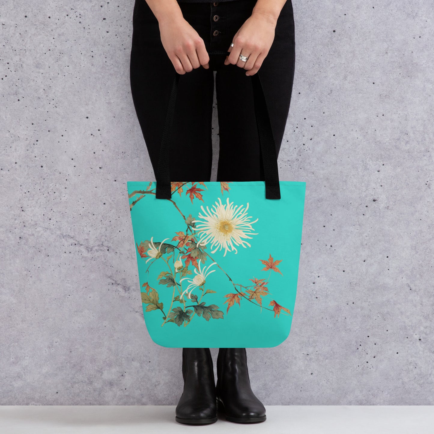 The Spirit of Flowers in Twelve Months｜Blooming Chrysanthemum and Maple Leaves｜Tote bag｜Turquoise