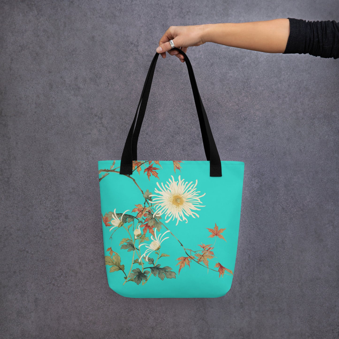 The Spirit of Flowers in Twelve Months｜Blooming Chrysanthemum and Maple Leaves｜Tote bag｜Turquoise