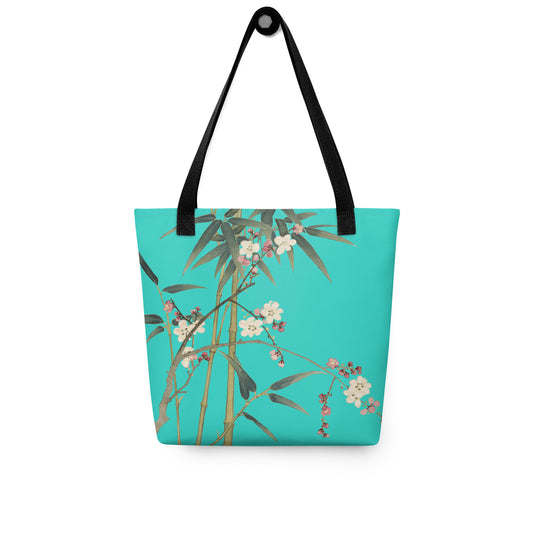 The Spirit of Flowers in Twelve Months｜Crimson Plum Blossom and Lush Green Bamboo｜Tote bag｜Turquoise