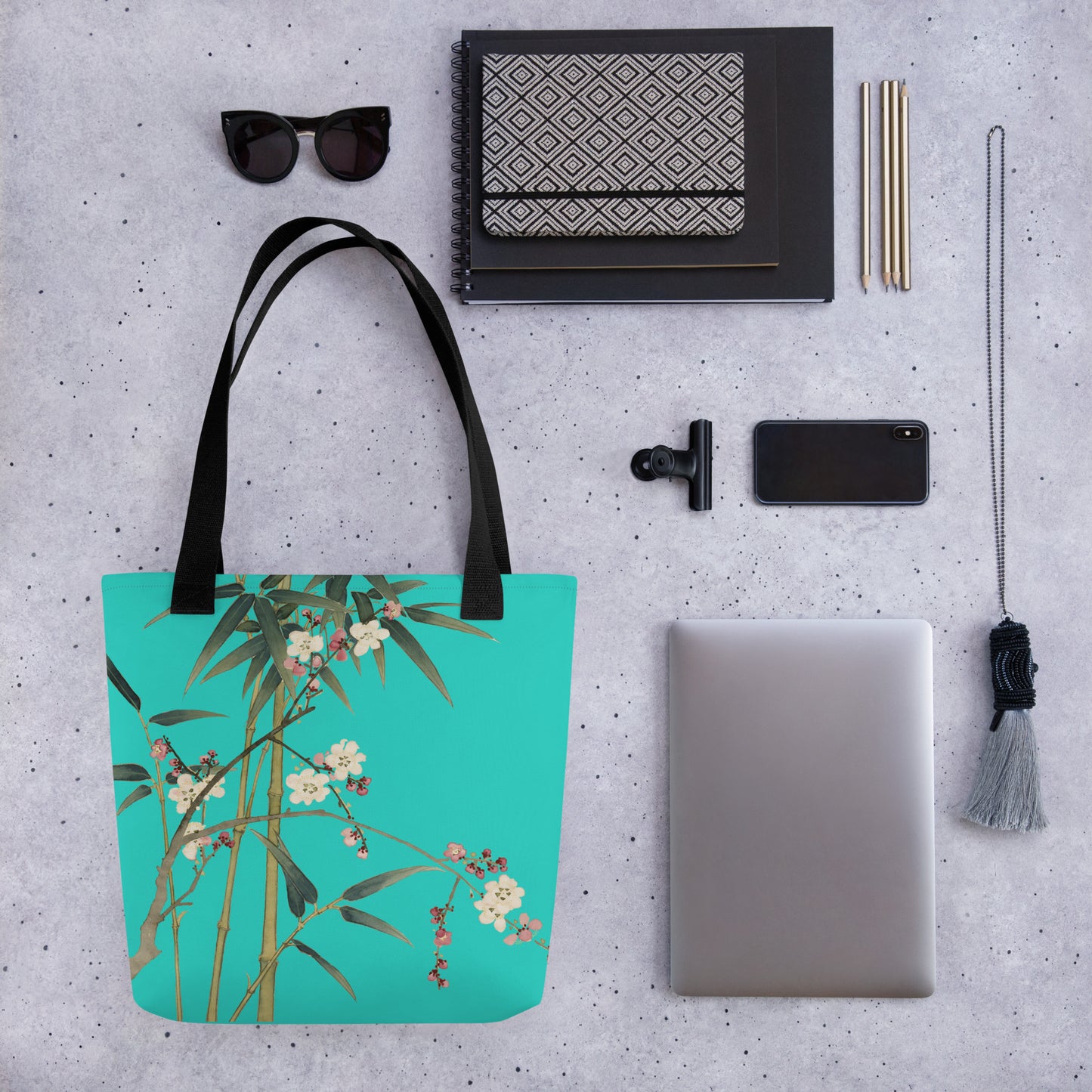 The Spirit of Flowers in Twelve Months｜Crimson Plum Blossom and Lush Green Bamboo｜Tote bag｜Turquoise