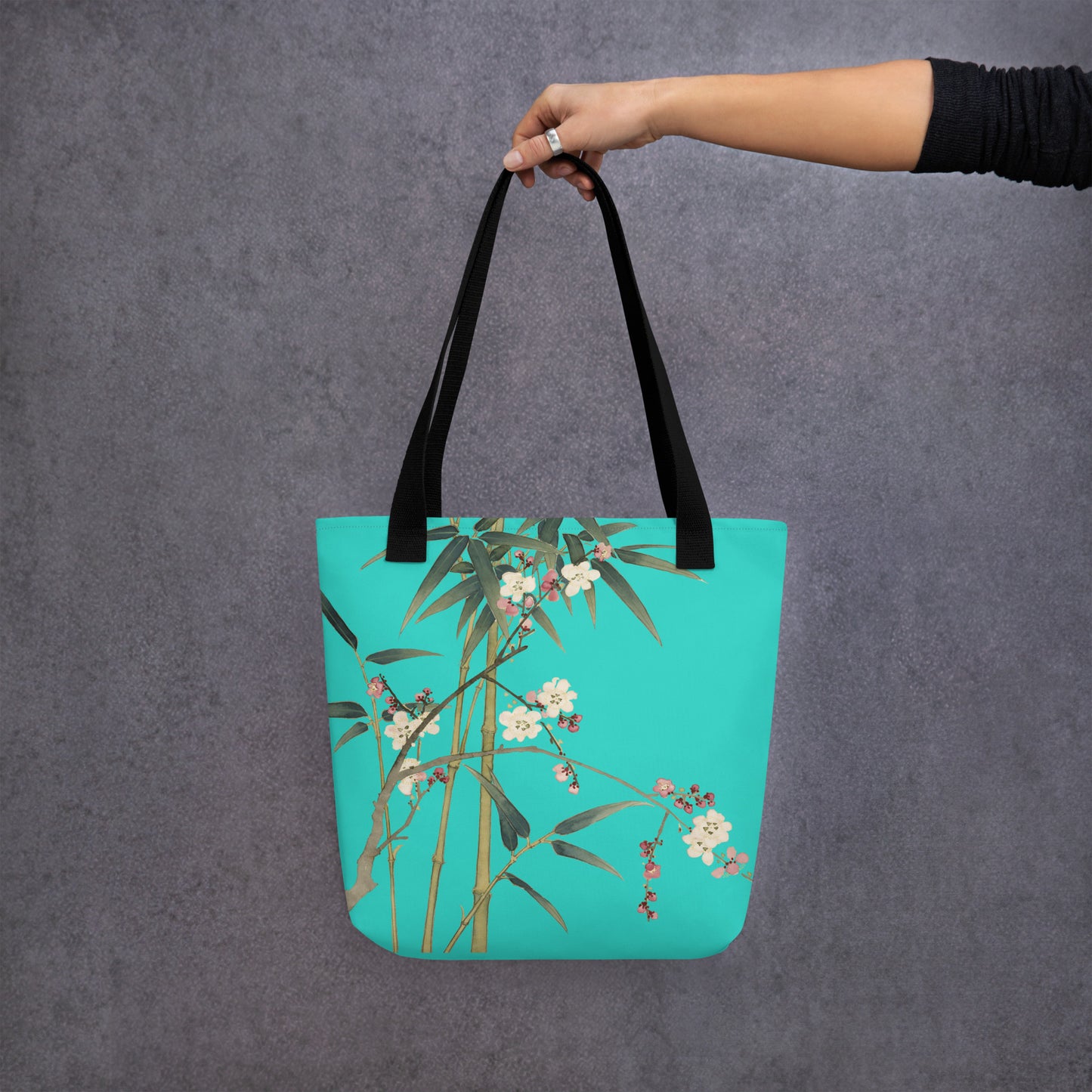 The Spirit of Flowers in Twelve Months｜Crimson Plum Blossom and Lush Green Bamboo｜Tote bag｜Turquoise