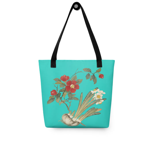 The Spirit of Flowers in Twelve Months｜Narcissus and Camelia in Bloom｜Tote bag｜Turquoise