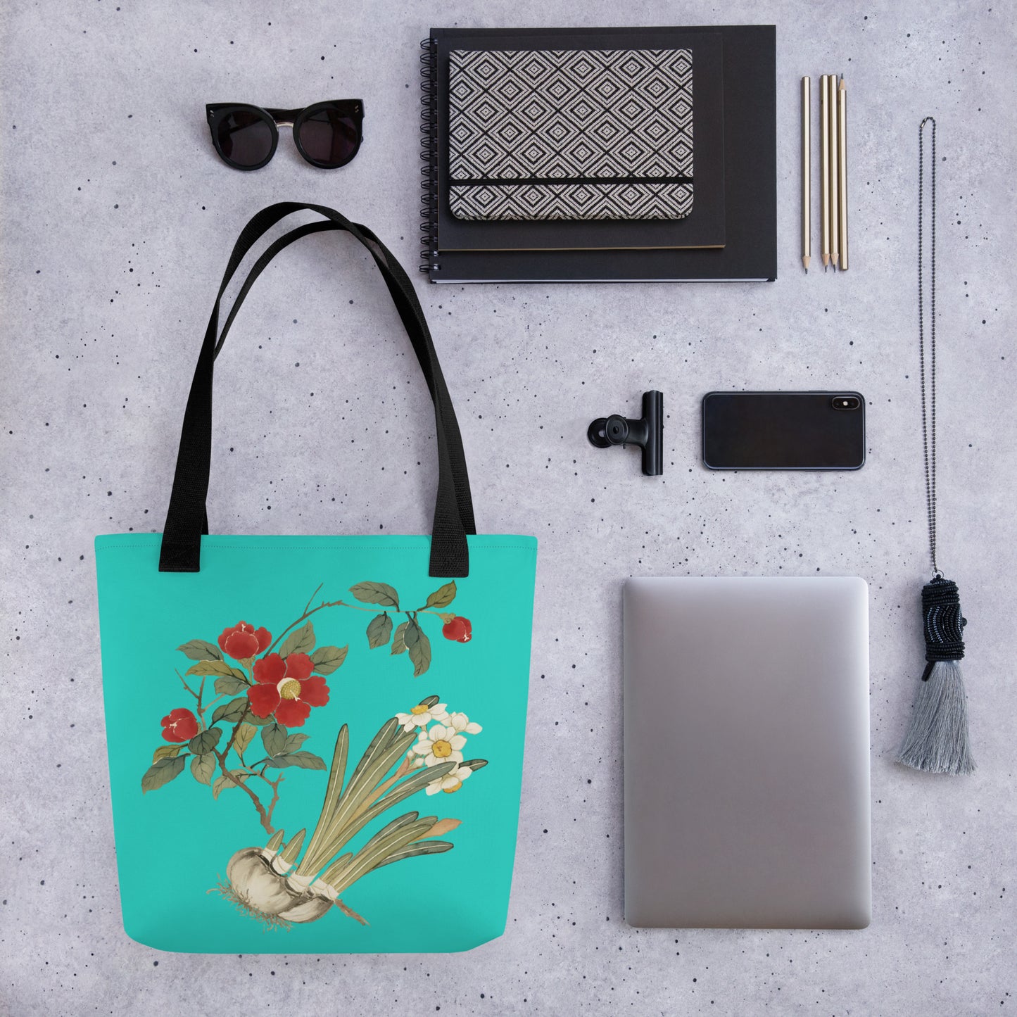 The Spirit of Flowers in Twelve Months｜Narcissus and Camelia in Bloom｜Tote bag｜Turquoise