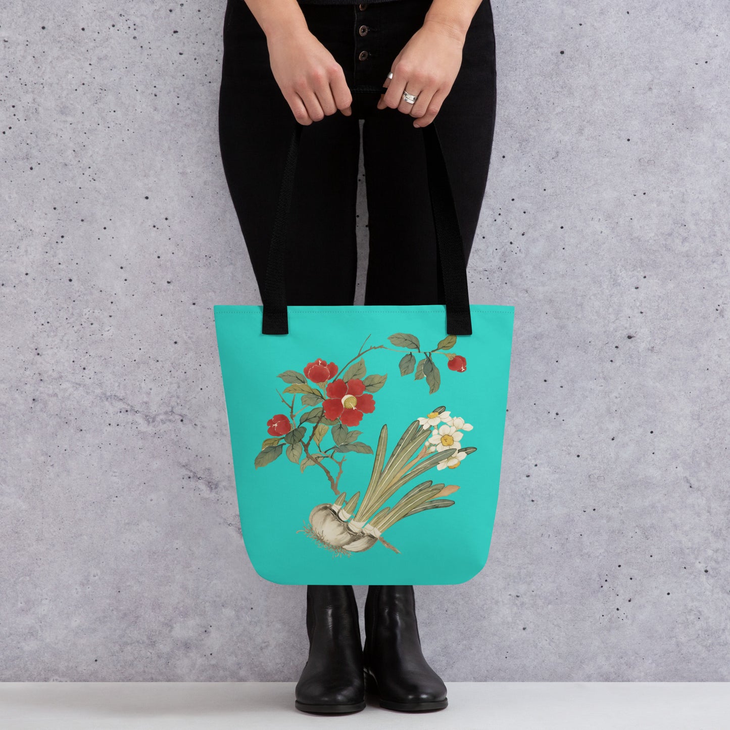 The Spirit of Flowers in Twelve Months｜Narcissus and Camelia in Bloom｜Tote bag｜Turquoise