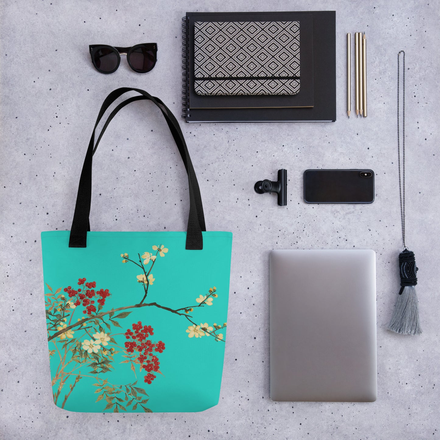 The Spirit of Flowers in Twelve Months｜Blooming Wintersweet and Heavenly Bamboo｜Tote bag｜Turquoise