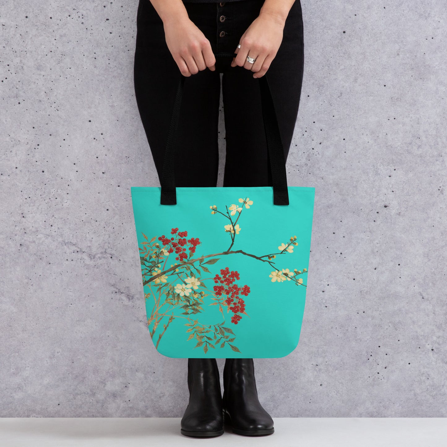 The Spirit of Flowers in Twelve Months｜Blooming Wintersweet and Heavenly Bamboo｜Tote bag｜Turquoise