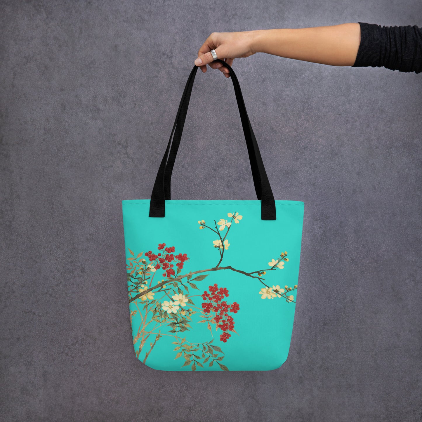 The Spirit of Flowers in Twelve Months｜Blooming Wintersweet and Heavenly Bamboo｜Tote bag｜Turquoise