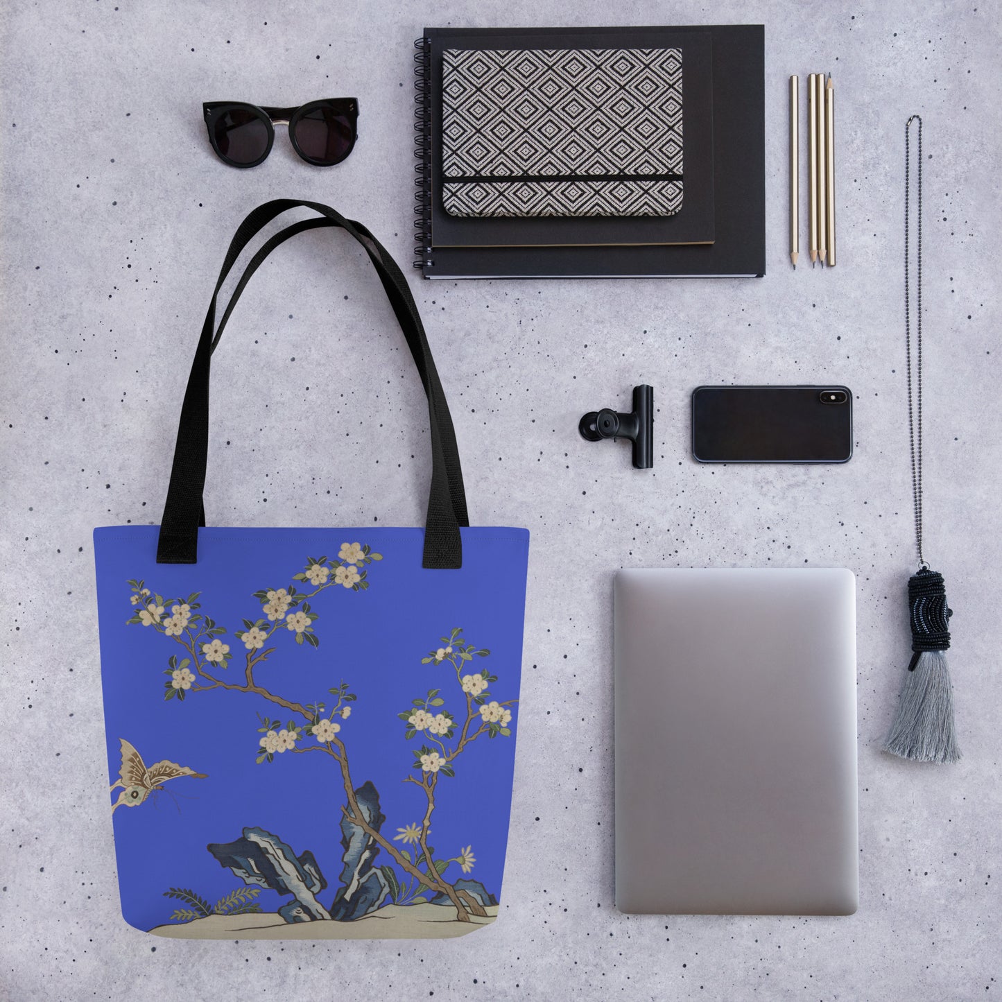 Kesi Flower Album｜White Plum Blossoms and Butterfly｜Tote bag｜Royal blue