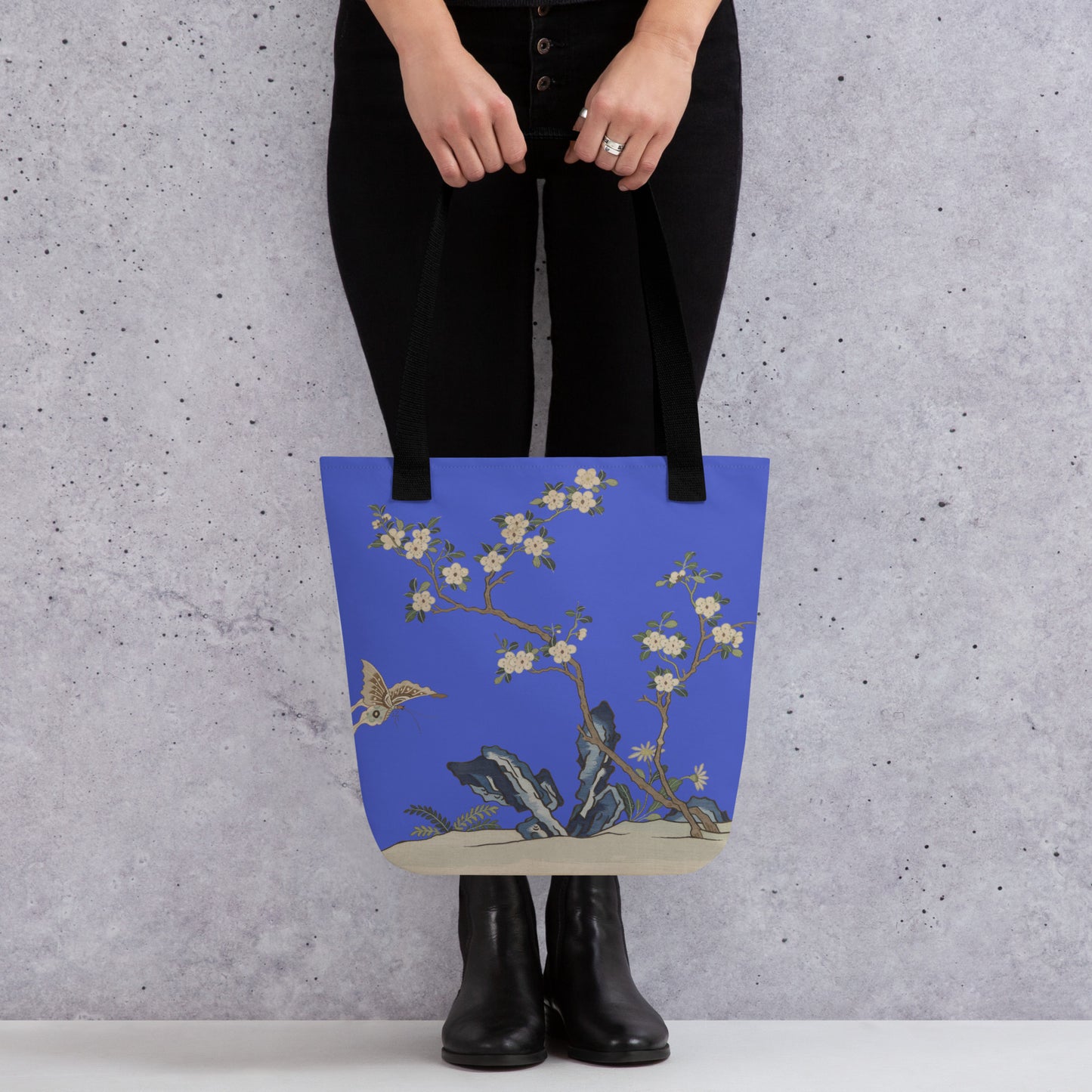 Kesi Flower Album｜White Plum Blossoms and Butterfly｜Tote bag｜Royal blue