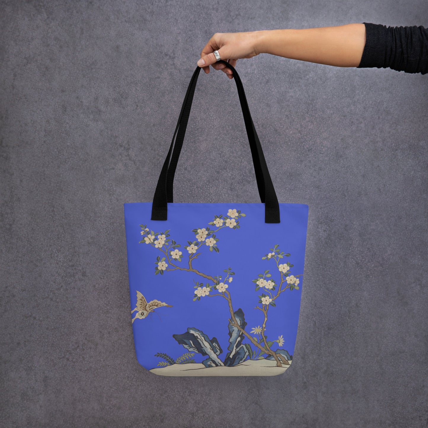 Kesi Flower Album｜White Plum Blossoms and Butterfly｜Tote bag｜Royal blue