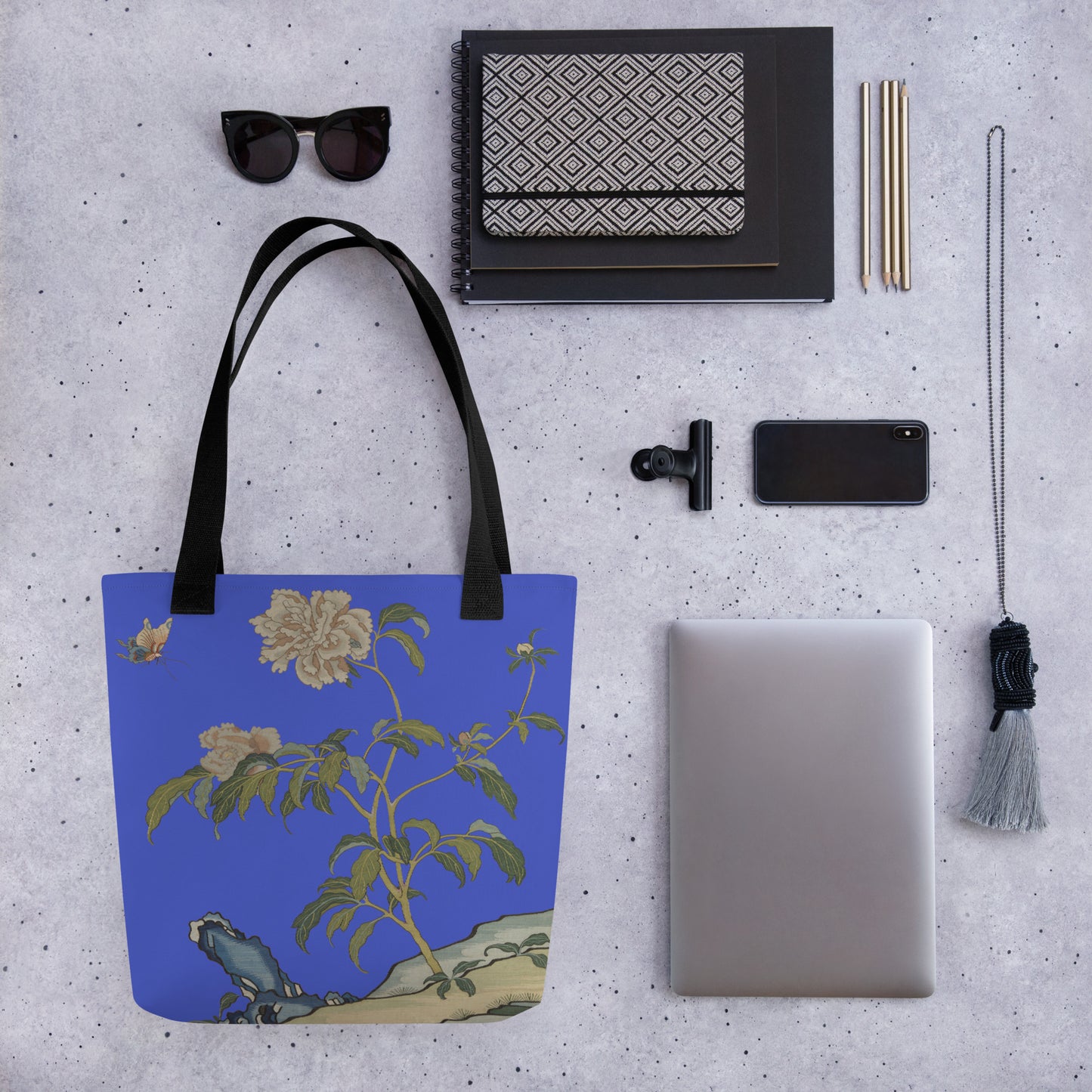 Kesi Flower Album｜Peonies and Butterfly｜Tote bag｜Royal blue