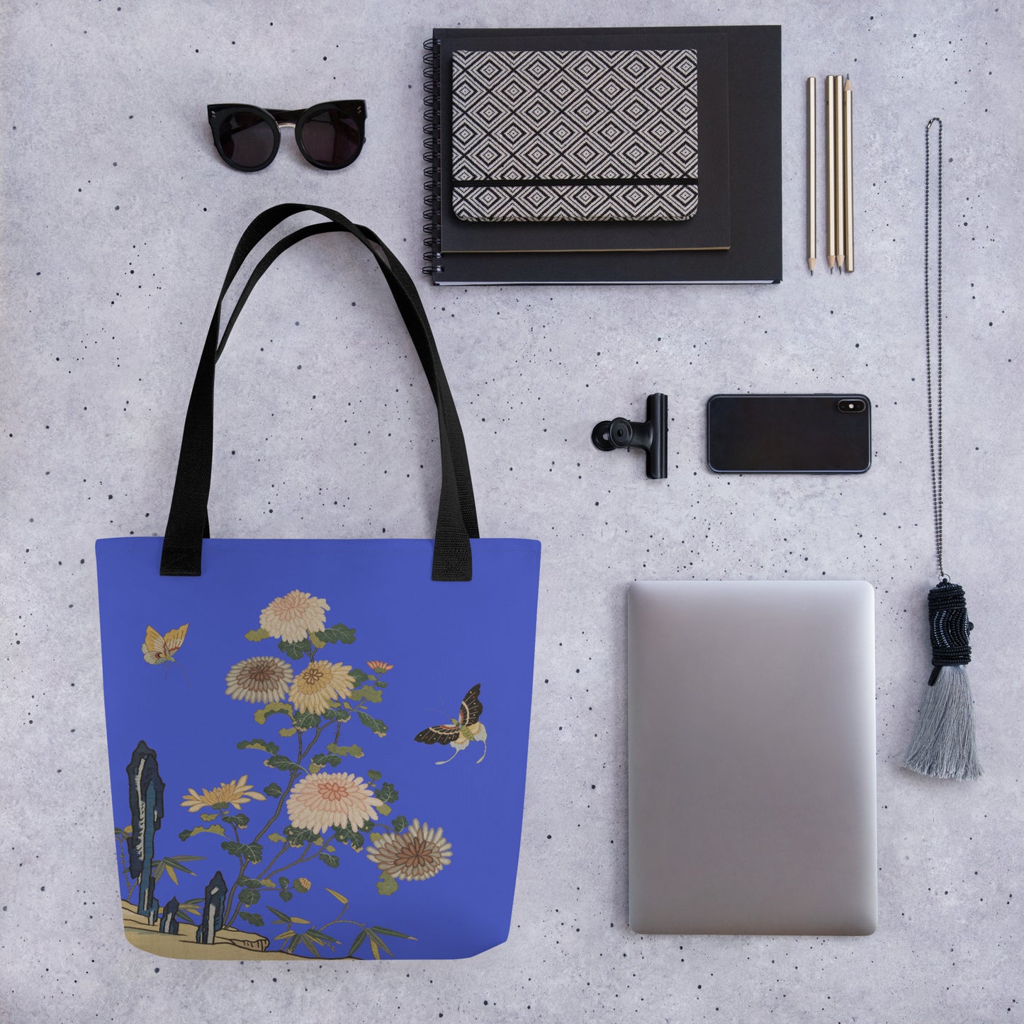 Kesi Flower Album｜Chrysanthemums and Butterflies｜Tote bag｜Royal blue