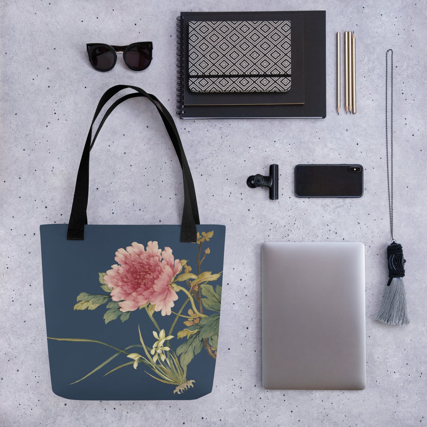 The Spirit of Flowers in Twelve Months｜Orchid and Tree Peony in Bloom｜Tote bag｜Dark blue