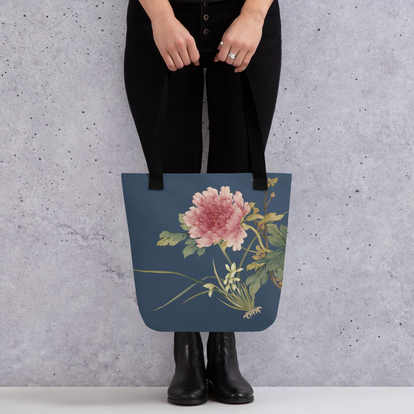 The Spirit of Flowers in Twelve Months｜Orchid and Tree Peony in Bloom｜Tote bag｜Dark blue