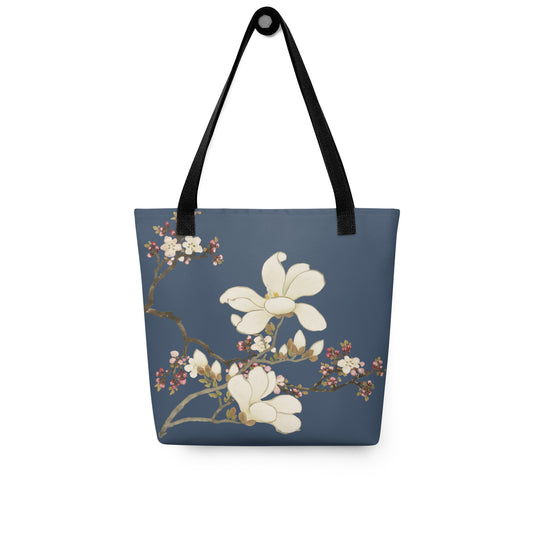 The Spirit of Flowers in Twelve Months｜Apricot and Lily Magnolia in Blossom｜Tote bag｜Dark blue