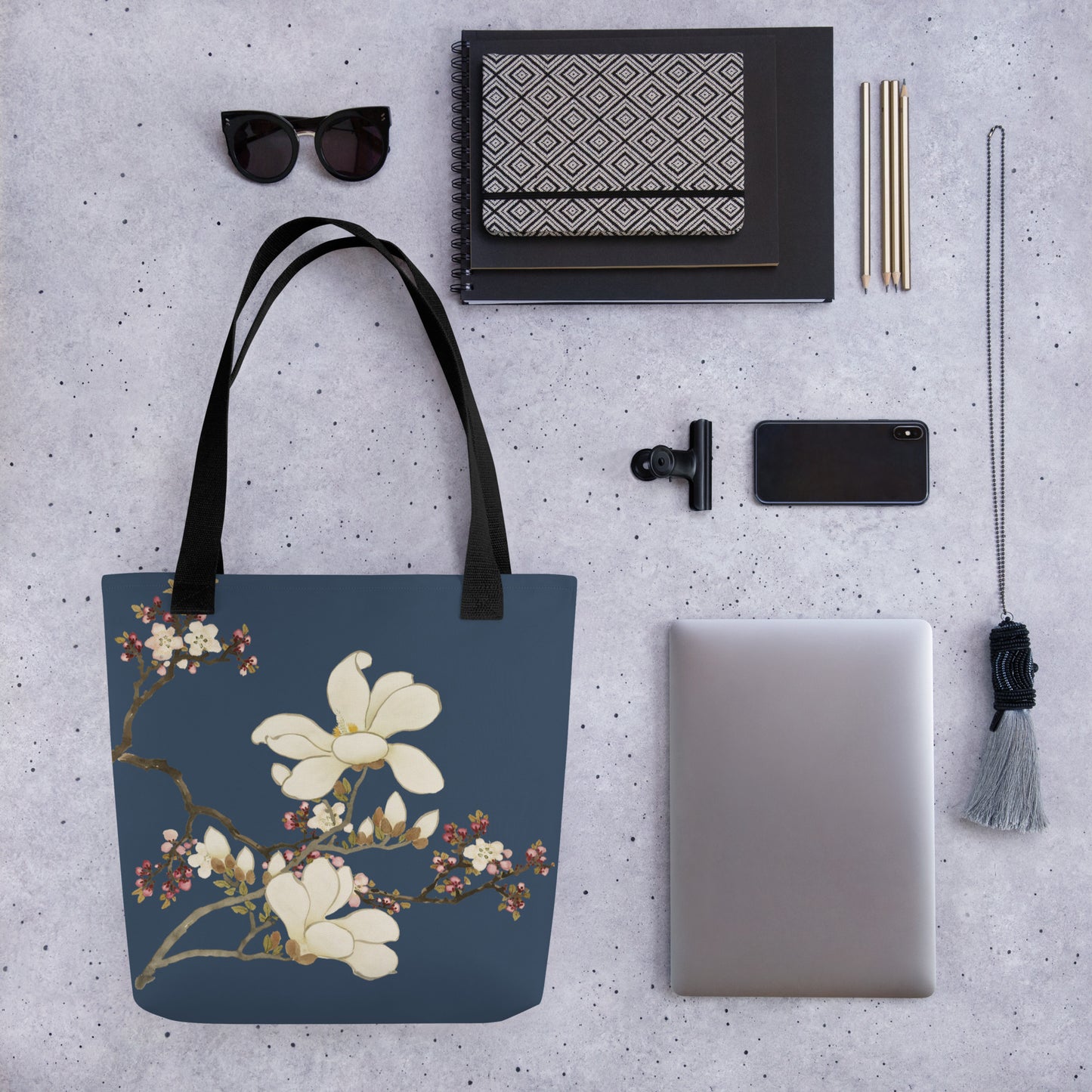 The Spirit of Flowers in Twelve Months｜Apricot and Lily Magnolia in Blossom｜Tote bag｜Dark blue