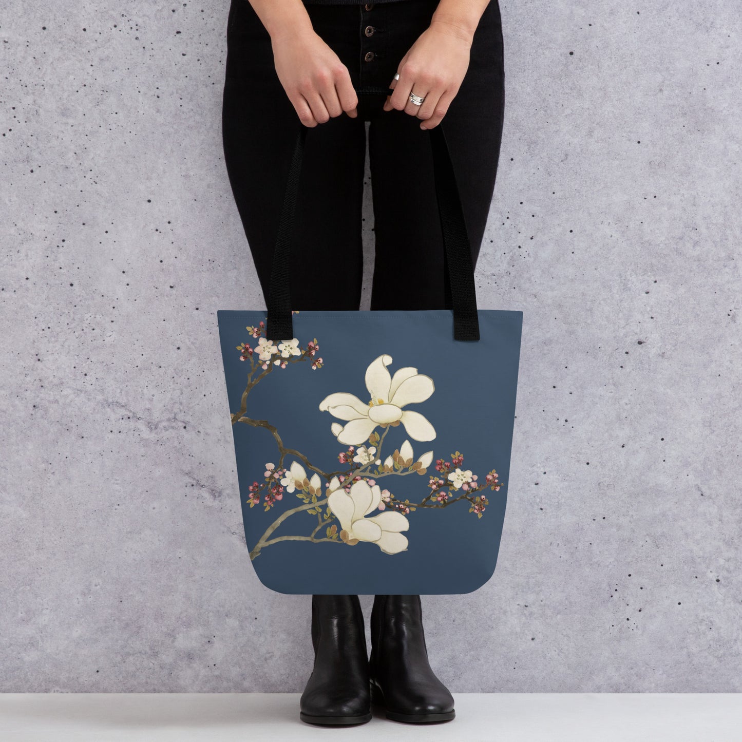 The Spirit of Flowers in Twelve Months｜Apricot and Lily Magnolia in Blossom｜Tote bag｜Dark blue