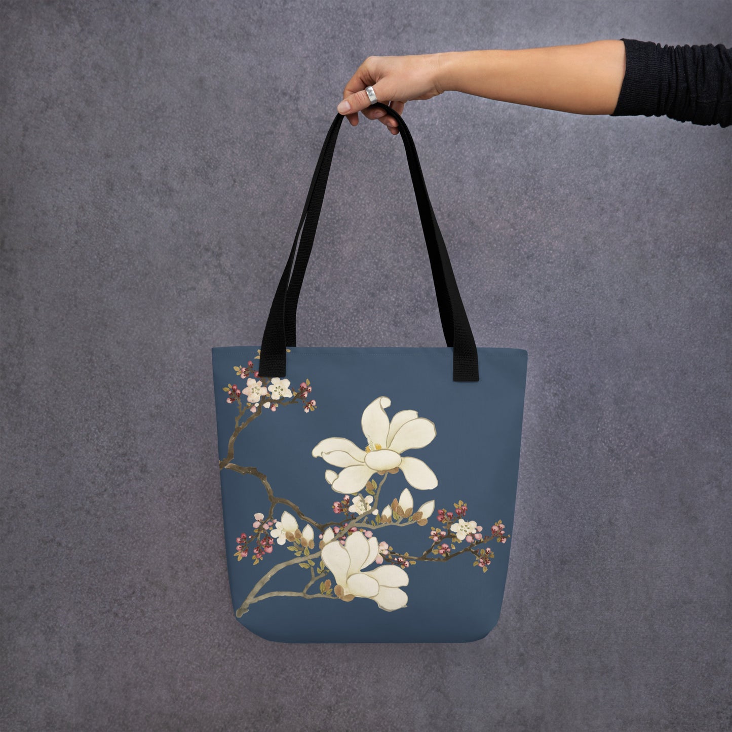 The Spirit of Flowers in Twelve Months｜Apricot and Lily Magnolia in Blossom｜Tote bag｜Dark blue